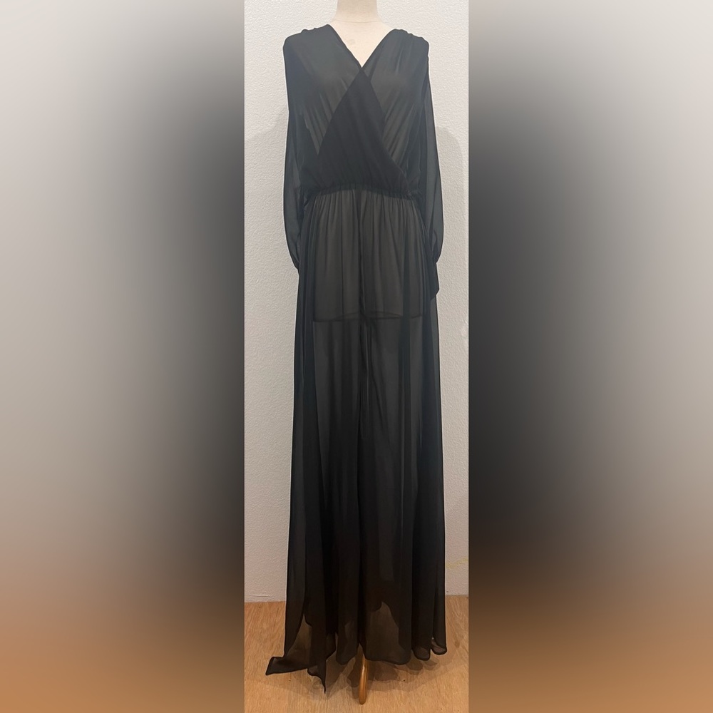 Miss Ord‎ Black Sheer Long Sleeve High Slit Women's Maxi Cover Dress.